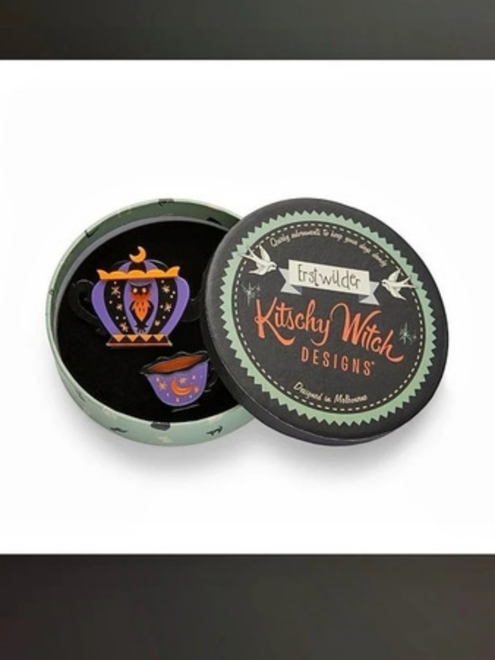 Erstwilder Cursed Cuppa? Halloween Brooch Set Purple & Orange